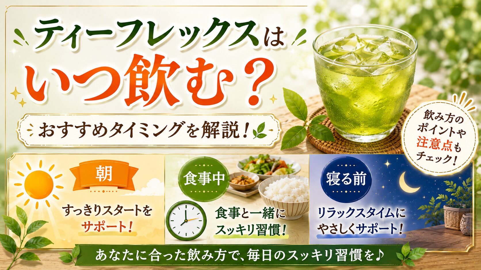 ティーフレックスはいつ飲む？朝・食事中・寝る前のおすすめタイミング